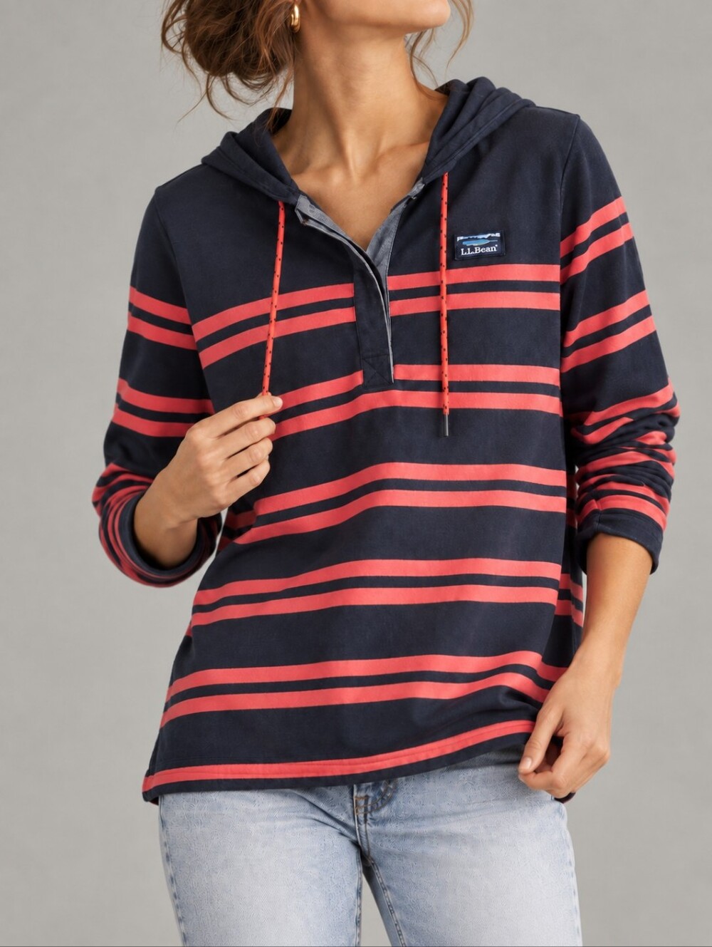 L.L. Bean Navy Pink Striped Soft Cotton Rugby Pullover Hoodie Womens Size Medium